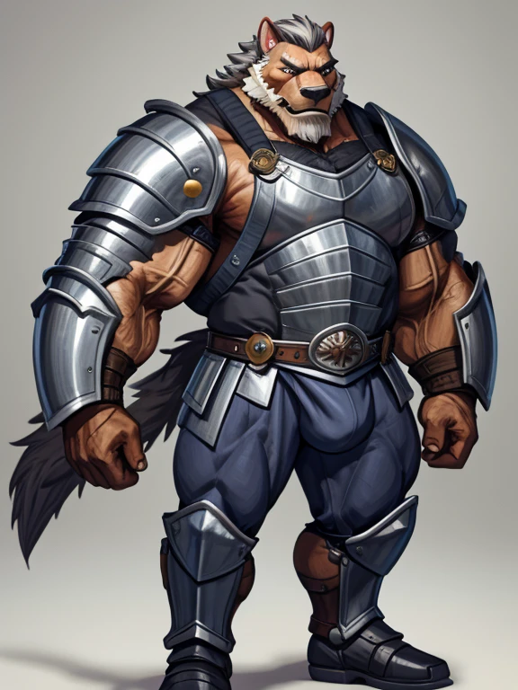 burly virile hairy werewolf, in a suit of armor, a himbo muscle daddy, middle-aged dilf, hirsute, overmuscular and musclebound, bulging veiny muscles, a warrior's build, a bodybuilder's physique, long bushy and a thick mustache, a square jaw, handsome and dreamy, grey hair, a knight clad in full armor