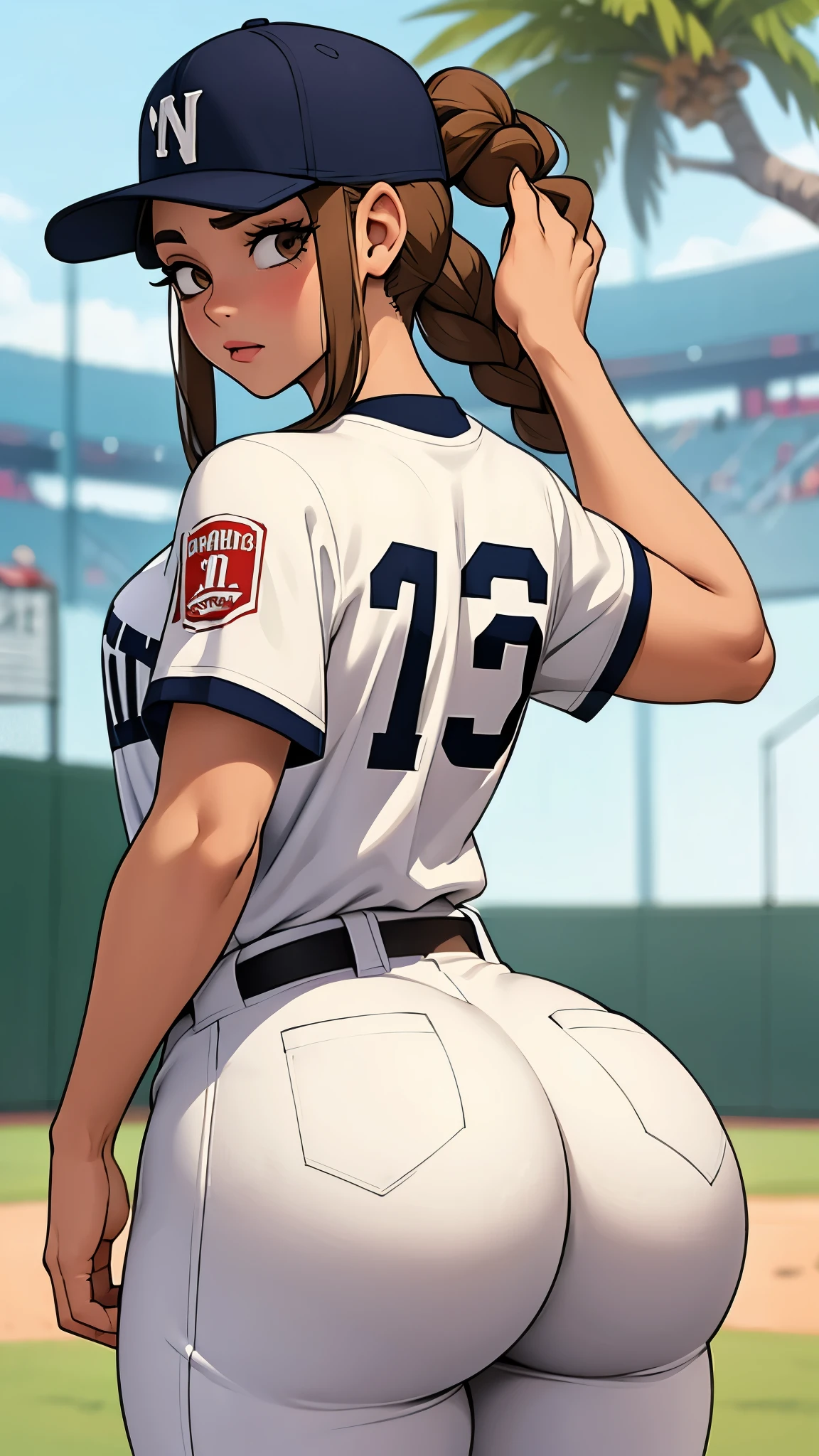 Back to camera Baseball player,White uniform, baseball cap, brown braids hair, curvy, thin waist, Big juicy ass