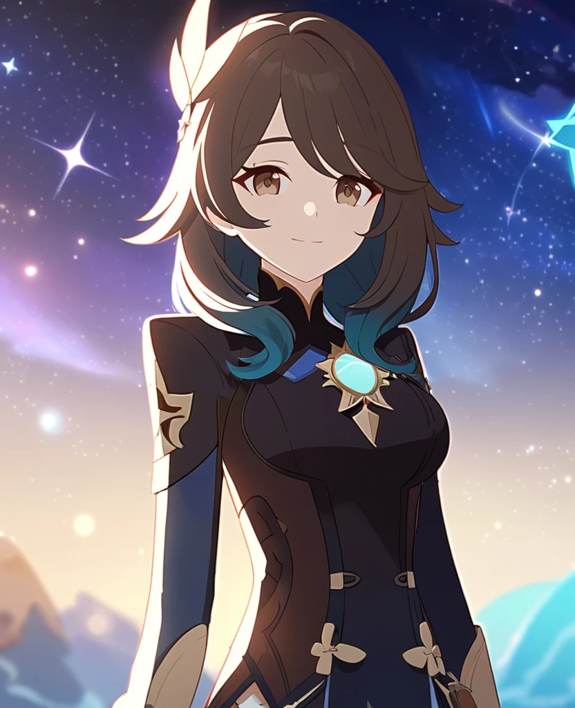 Make a Genshin Impact oc. Give her long brown, to blue ombre hair. Her vision/element is anemo. She has a star themed, teal, and black outfit. With shorts. Brown slender-ish eyes. She is very kind, and soft-hearted. She likes space and singing. Mature body. Slight head tilt, and smile. In Genshin style