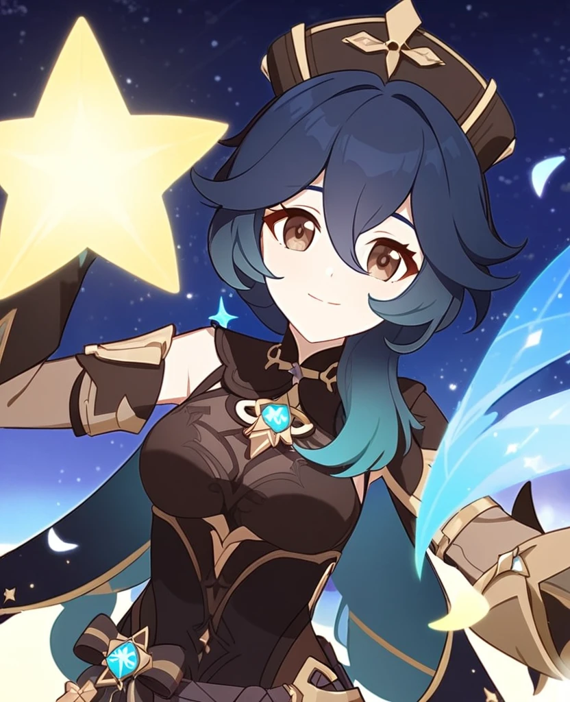 Make a Genshin Impact oc. Give her long brown, to blue ombre hair. Her vision/element is anemo. She has a star themed, teal, and black outfit. With shorts. Brown slender-ish eyes. She is very kind, and soft-hearted. She likes space and singing. Mature body. Slight head tilt, and smile. In Genshin style