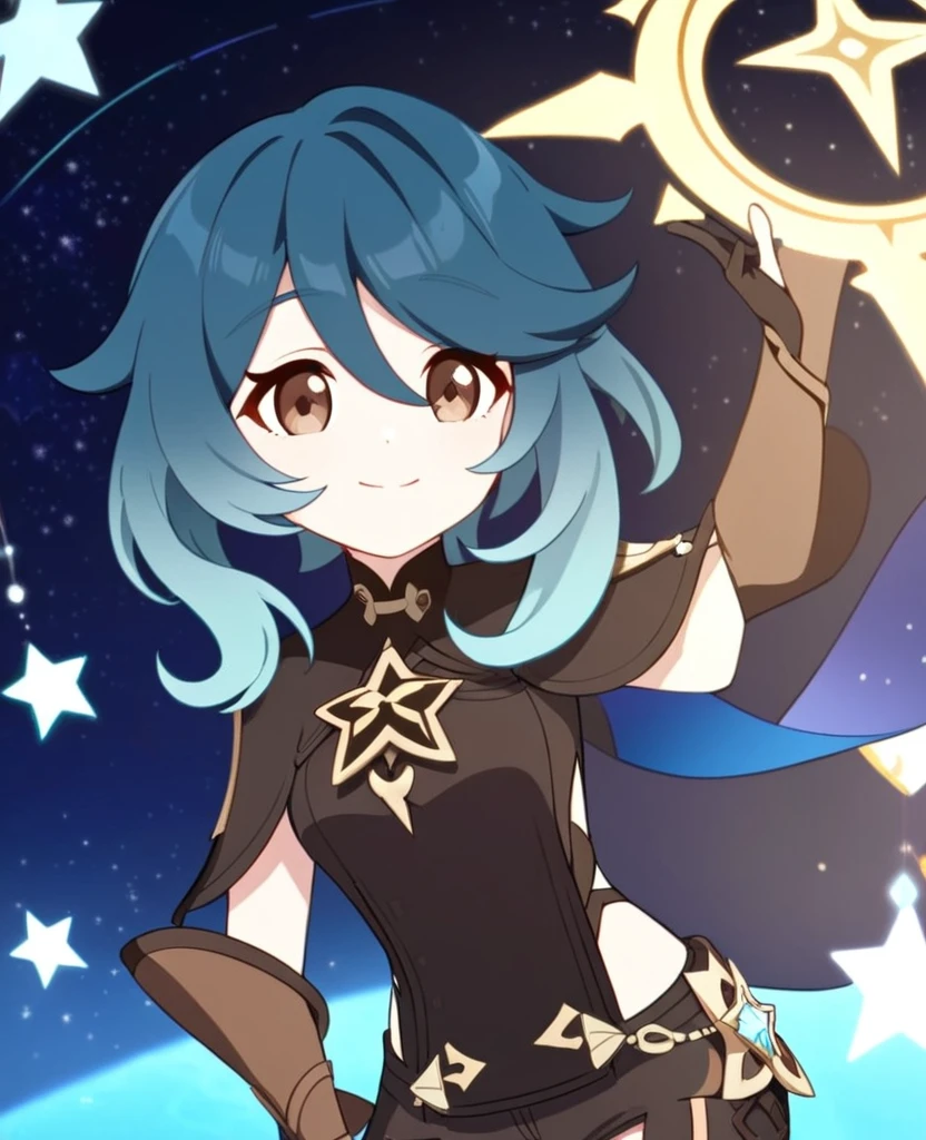 Make a Genshin Impact oc. Give her long brown, to blue ombre hair. Her vision/element is anemo. She has a star themed, teal, and black outfit. With shorts. Brown slender-ish eyes. She is very kind, and soft-hearted. She likes space and singing. Mature body. Slight head tilt, and smile. In Genshin style