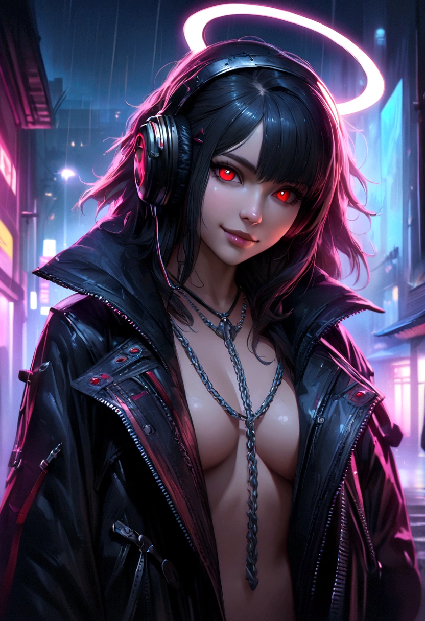 nude, Chromatic aberration, depth of field, soft lighting, masterpiece, Best quality, difficult, Tone map, very detailed, ArtStation, conceptual art, smooth, sharp focus, dramatic lighting, very detailed artwork, Cinematic, hyper realistic painting, trending on artstation, 8 k, incredible shadows, realistic, (very detailed background:1.0), A very detailed portrait of a solo 1girl standing on a street corner, during a rainstorm with lightning strikes and cloudy skies, neon and cyberPunk background, she is wearing Punk clothes with silver chains and silver spikes, she has a butterfly wing clip in her tousled hair, She is wearing headphones and a tie, , detailed glowing red eyes with distinct pupils, Ominous halo aura, smile, Punk, cyberPunk, backlight