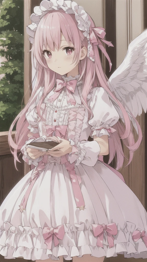Pink soft hair, white wings, cute, ta fashion girl