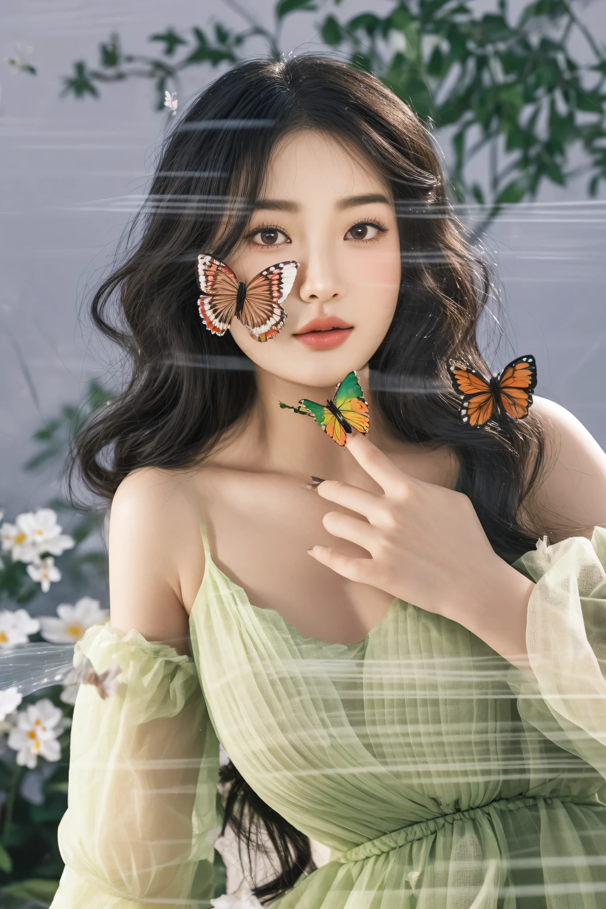 there is a woman with a butterfly on her nose and a green dress, harmony of butterfly, aesthetic cute with flutter, double exposure portrait, inspired by Jung Park, with beautiful wings, korean artist, song hye - kyo, inspired by Jeong Seon, jiyun chae, taejune kim, butterflies in the foreground, butterfly, heonhwa choe