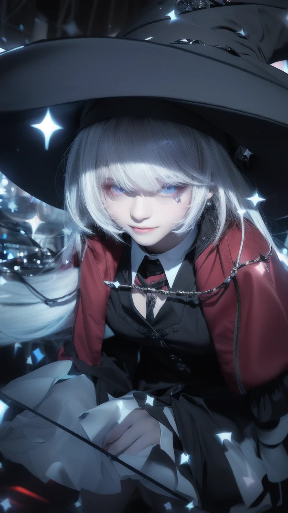 Cute girl , white hair, black witch hat, black uniform, short legs, purple eyes, light smile, Ultra realistic, hyper realistic, detailed lighting, UHD, detailed face, edge lighting, Masterpiece, highest quality, high resolution, detail maniac, high definition, high quality