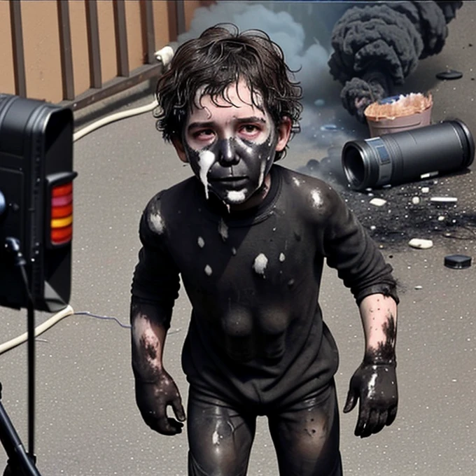 Boy covered in soot after being caught in explosion while filming comedy movie