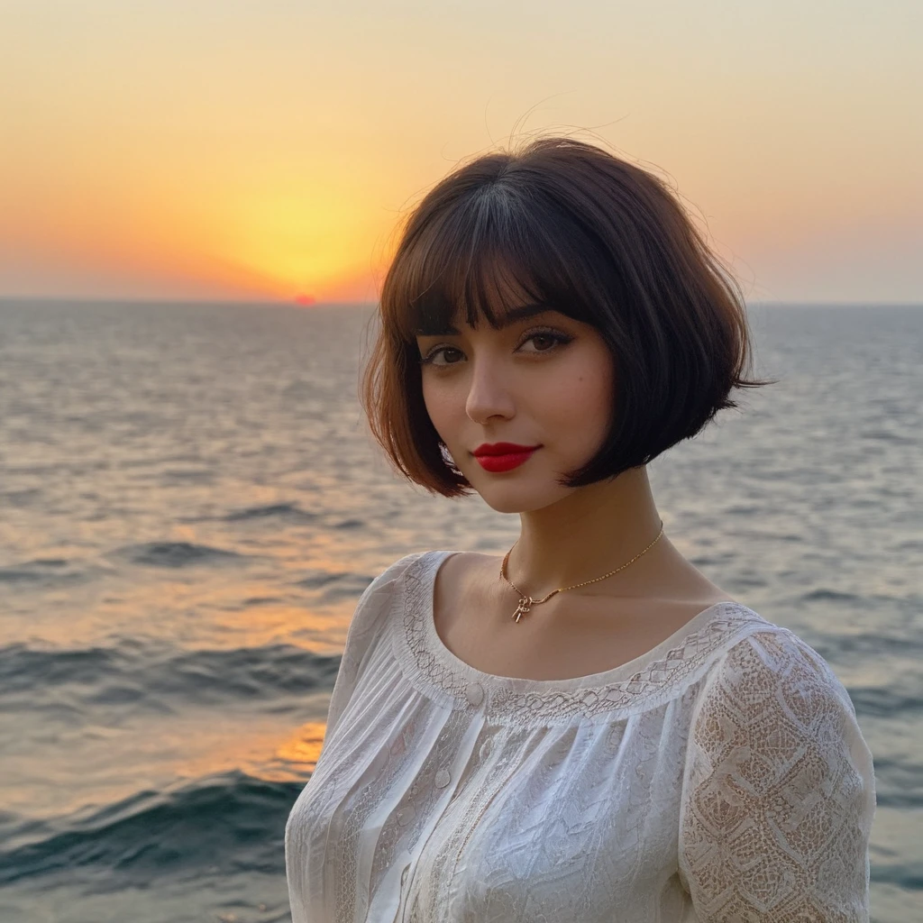 Lola ****ta with short hair, sunset sea background