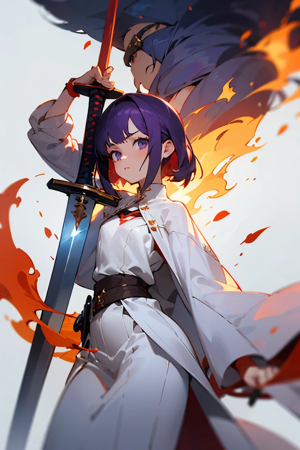 One Girl, small Girl, dark purple hair, White and red clothes, holding a greatsword, holding giant Sword, Fire