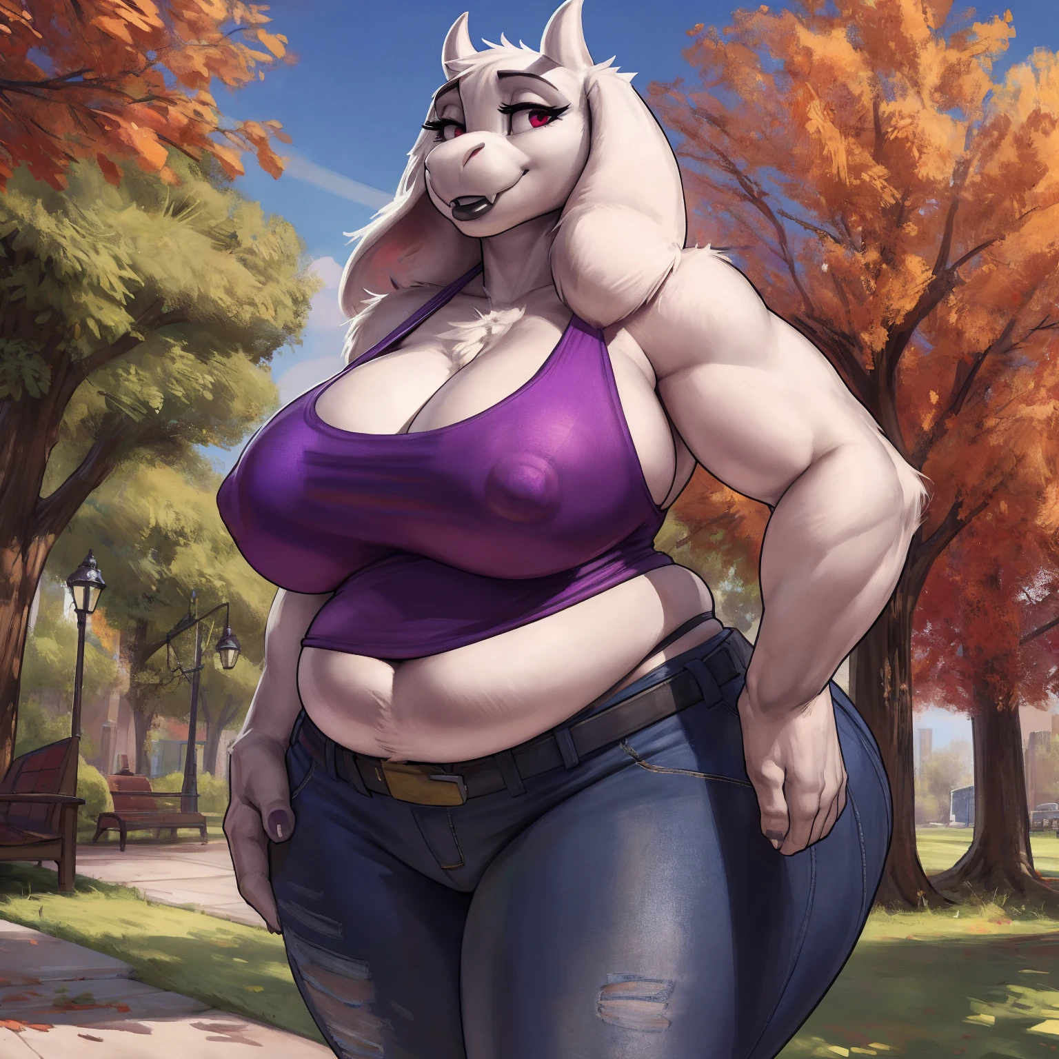 by darkgem, by duase, by kevinsano, solo, 1girl, toriel, maroon eyes, female, older woman, furry body, chubby, heavyset, broad shoulders, wide body, wide hips, thick thighs, big arms, heavy breasts, nipple outline, highly detailed eye, (black pupil:1.3), milf, tank top, bare midriff, cleavage, large areolae, mom jeans, lowrise jeans, bare midriff, visible thong straps, Masterpiece, best quality, absurd res, highly detailed, cleanly drawn eyes, park environment, cute smile, black lipstick, standing upright, casual posture, 