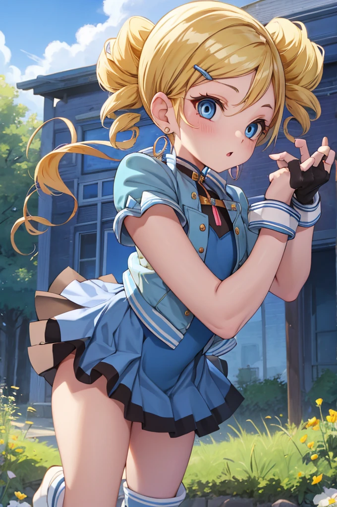 ppgzbb, blue eyes, Blonde, Twin Drill, Hair Clip, Earrings, Best, Blue leotard, Short skirt, boots, Are standing, forest 