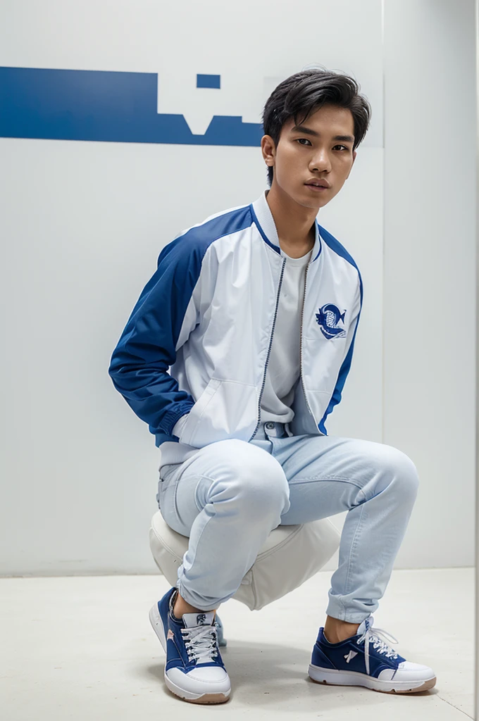 Indonesian man, 20 years old, white, wearing a blue baseball bomber jacket, black jeans, Jordan shoes, blue air, season photo, white background