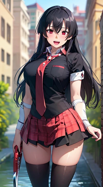 ((Masterpiece, Best Quality, high resolution, UHD, pixel perfect, depth of field, 4k, RTX, HDR)), 1 girl, Single, Alone, beautiful anime girl, beautiful artistic style, cartoon character, akame \(akame ga kill!\), black collared shirt, red necktie, Sleeveless, skirt ((wide, hits, Shiny black hair,)), (Red eyes:1.4, rounded eyes, Beautiful eyelashes, realistic eyes), (detailed face, blush:1.2), (smooth texture:0.75, realistic texture:0.65, photorealistic:1.1, cg anime style), big breasts, (dynamic pose, to throw, close up, looking at the viewer), perfect body, round butt, black choker, ((black miniskirt:1.5)), sly smile, Open mouth, Holding a katana, next to a water fountain.