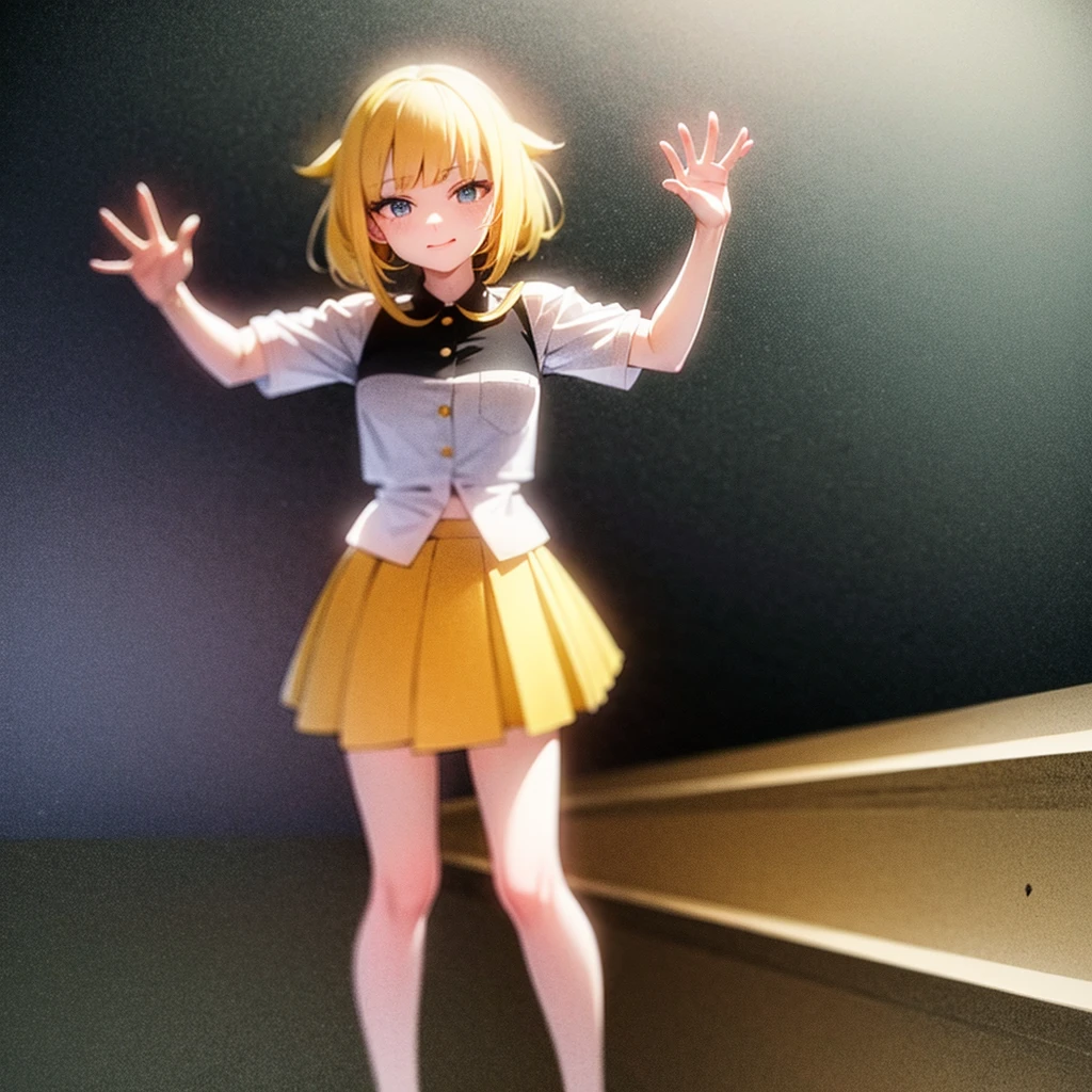 (White tights),barefoot,Cute little ,Tiny ,Small girl,,Childish face, Very fine clean face,Top quality, Big eyes,Straight Hair,Yellow hair,Crimson Eye,(Dark Room), Subtle light, Natural light,Soft lighting,Light from directly behind, (Are standing),Black background