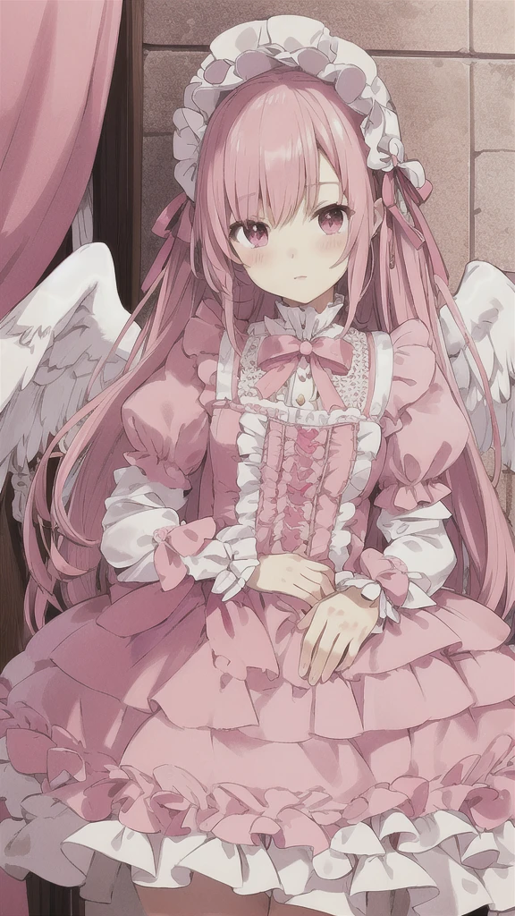 Pink soft hair, white wings, cute, ta fashion girl