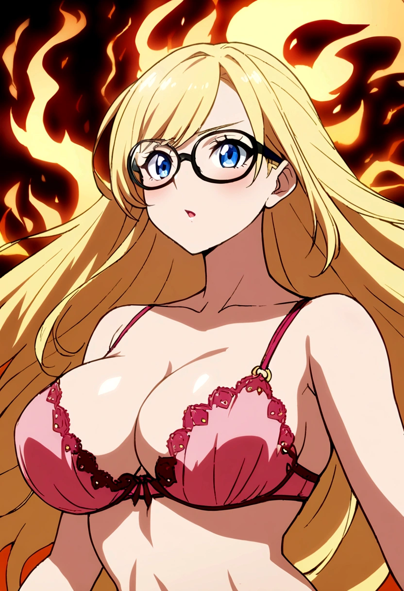 1 girl, upper body , pink bra , long hair, big cheest , anime girl, adult girl, blue eyes, yellow hair, glasses ,