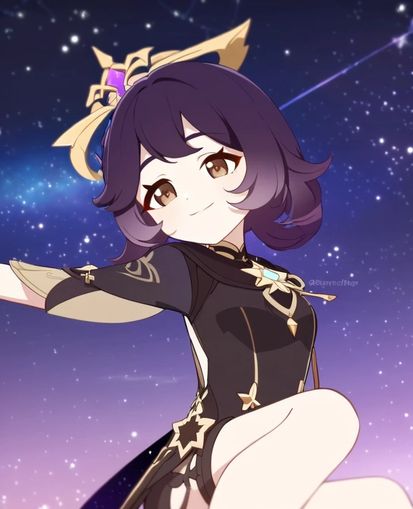 Make a Genshin Impact oc. Give her long brown, to purple ombre hair. Her vision/element is anemo. She has a star themed, teal, and black outfit. With shorts. Brown slender-ish eyes. She is very kind, and soft-hearted. She likes space and singing. Mature body. Slight head tilt, and smile. In Genshin style