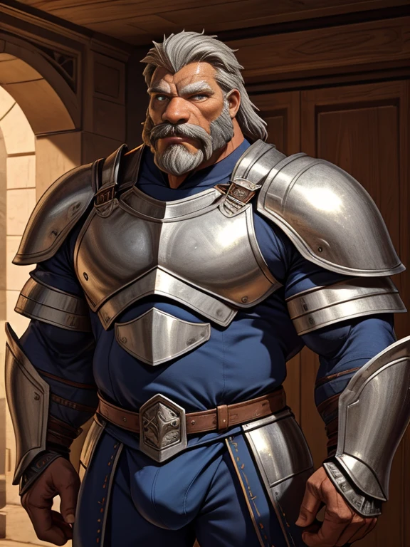 burly virile hairy werelion, in a suit of armor, a himbo muscle daddy, middle-aged dilf, hirsute, overmuscular and musclebound, bulging veiny muscles, a warrior's build, a bodybuilder's physique, long bushy and a thick mustache, a square jaw, handsome and dreamy, grey hair, a knight clad in full armor