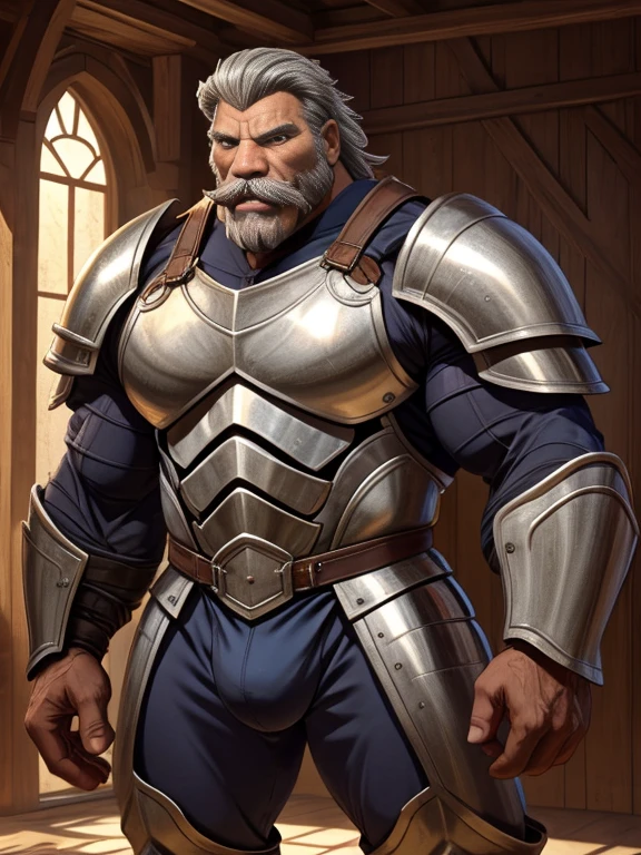 burly virile hairy werelion, in a suit of armor, a himbo muscle daddy, middle-aged dilf, hirsute, overmuscular and musclebound, bulging veiny muscles, a warrior's build, a bodybuilder's physique, long bushy and a thick mustache, a square jaw, handsome and dreamy, grey hair, a knight clad in full armor