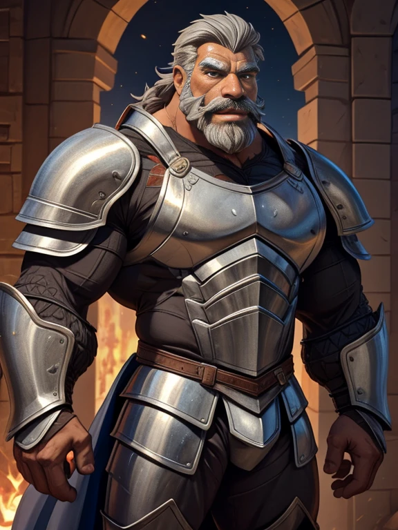 burly virile hairy werelion, in a suit of armor, a himbo muscle daddy, middle-aged dilf, hirsute, overmuscular and musclebound, bulging veiny muscles, a warrior's build, a bodybuilder's physique, long bushy and a thick mustache, a square jaw, handsome and dreamy, grey hair, a knight clad in full armor