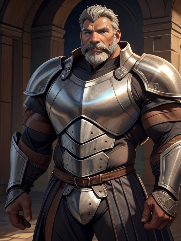 burly virile hairy werelion, in a suit of armor, a himbo muscle daddy, middle-aged dilf, hirsute, overmuscular and musclebound, bulging veiny muscles, a warrior's build, a bodybuilder's physique, long bushy and a thick mustache, a square jaw, handsome and dreamy, grey hair, a knight clad in full armor