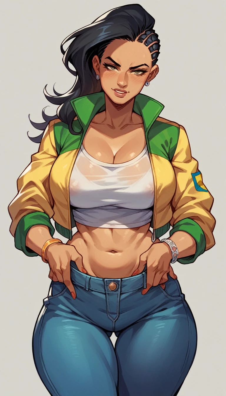rating_explicit, laura matsuda, mature, brown skin, white cropped, brazil jacket, jeans
