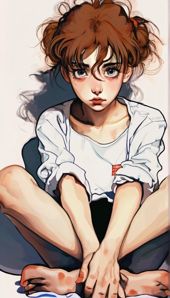 Modernism Art, Kawaii anime, Dirty Girl, Sitting with hands around ankles, Egon Schiele, Emo Art, otherworldly, portrait art by Jakub Rebelka