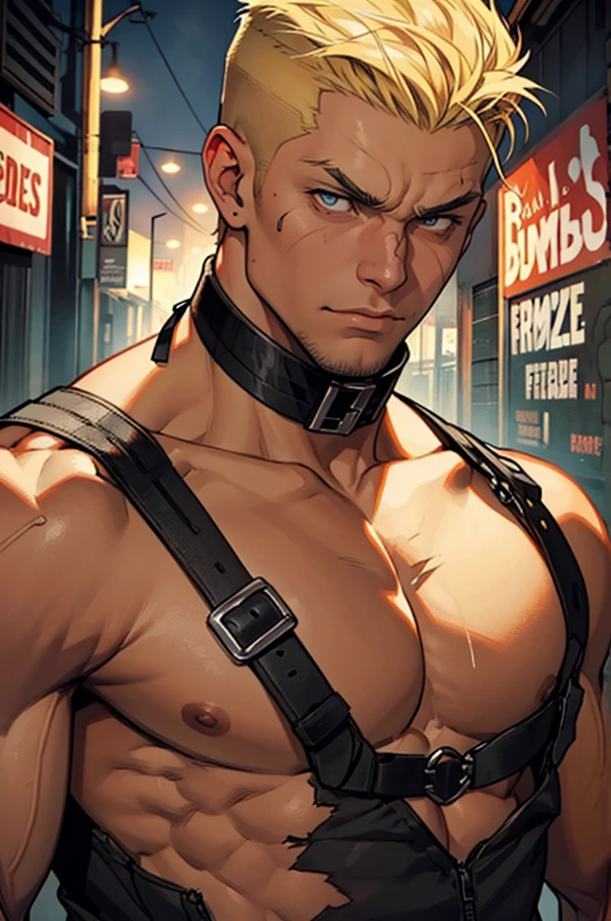 a buff man with blonde shaved upper cut hair wearing a black choker in the zombie apocalypse body shot