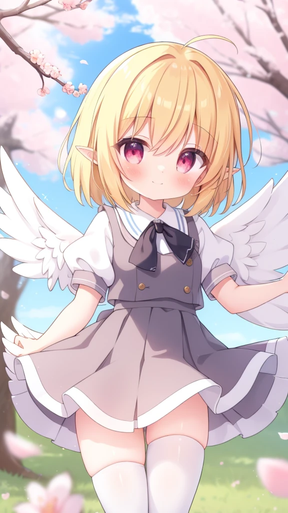 1girl,20s,happy,white shirt,black standard tie,short sleeves,white school skirt,short hair,blonde hair,pointy ears,((harpy,harpy wings)),cherry_blossoms, blurry, blurry_foreground, depth_of_field, blurry_background, petals, smile, solo, spring_\(season\), branch, looking_at_viewer, blush, falling_petals, pink_flower, motion_blur, wind, outdoors, flower  