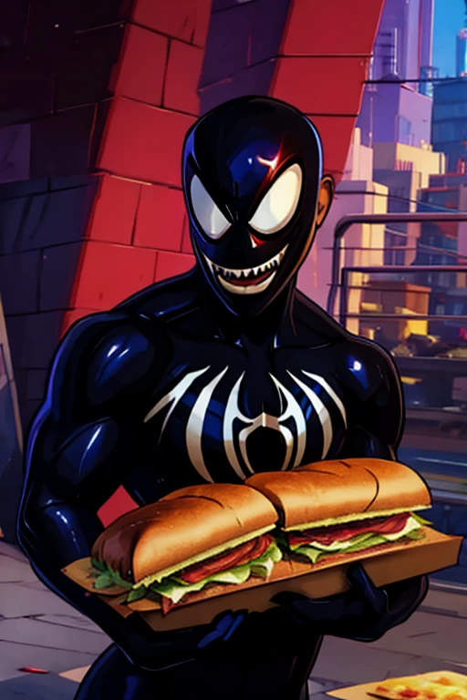 Miles Morales eats a sandwich and turns into symbiote