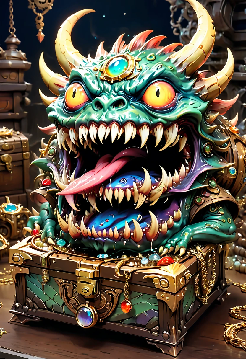 Mimic，Treasure Box Monster，Weird tongue and nasty teeth. Scattered jewelry, by Studio Ghibli, best quality, masterpiece, very aesthetic, perfect composition, intricate details, ultra-detailed