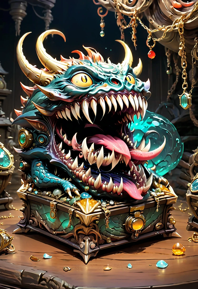 Mimic，Treasure Box Monster，Weird tongue and nasty teeth. Scattered jewelry, by Studio Ghibli, best quality, masterpiece, very aesthetic, perfect composition, intricate details, ultra-detailed