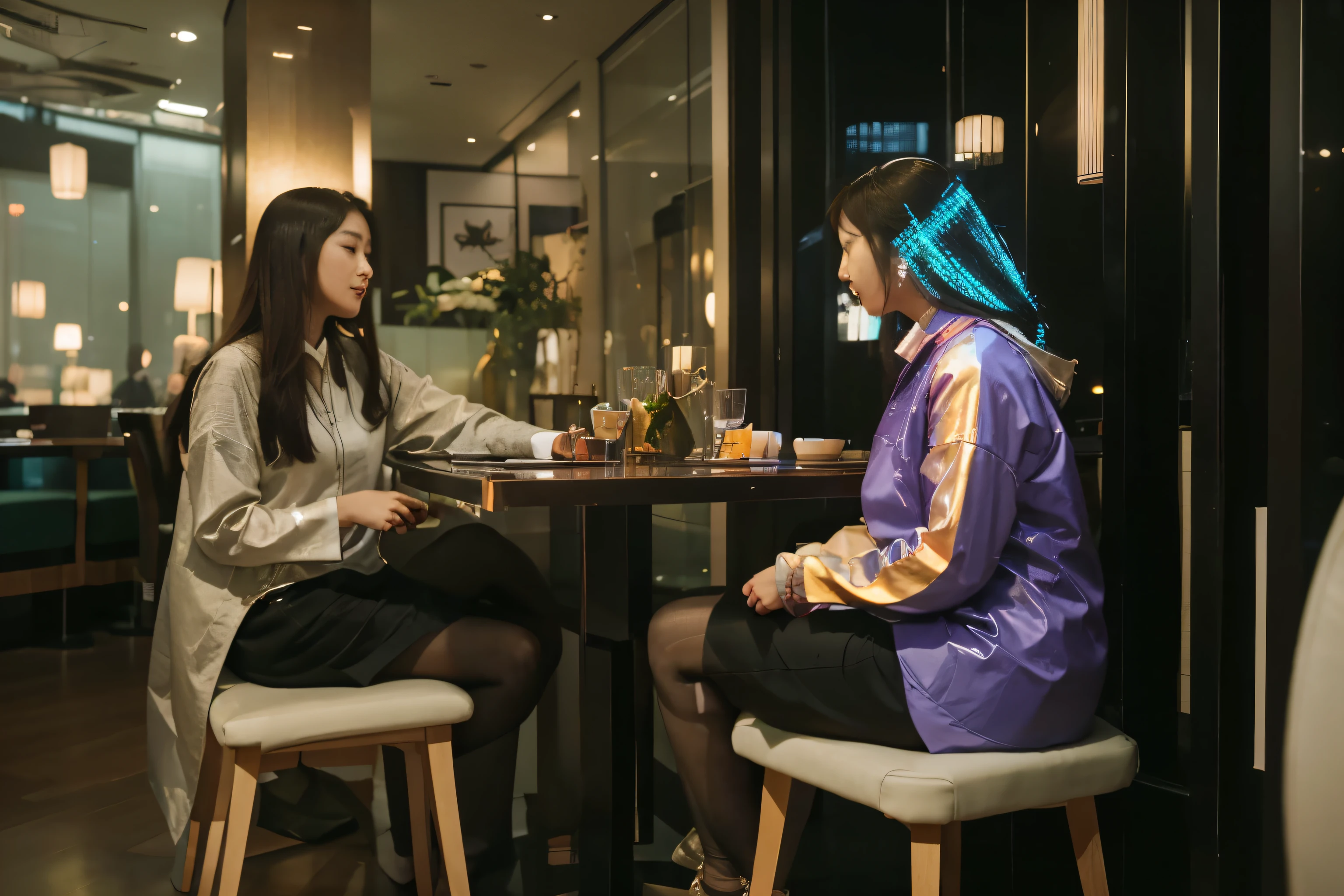 (Best quality, 8k, 32k, Masterpiece, UHD:1.2), "Transform the scene into a futuristic Korean restaurant that exudes a romantic atmosphere. Picture an elegant dining space with a blend of traditional Korean design elements and ultra-modern, high-tech features. The restaurant is softly illuminated by ambient lighting, creating a warm and intimate glow throughout the space.
The architecture features clean lines and open spaces, with floor-to-ceiling windows offering stunning views of a futuristic cityscape. Each table is a private enclave, surrounded by translucent panels that can adjust opacity for added privacy. These panels also double as interactive touchscreens, allowing diners to browse the menu and place orders effortlessly.
The decor incorporates elements of Korean culture, such as hanji paper lanterns, elegant calligraphy art, and subtle touches of traditional patterns, all seamlessly integrated with modern materials like glass and metal. Vertical gardens and aquascapes add a touch of nature, enhancing the serene and romantic ambiance.
At each table, diners are treated to a personalized dining experience, with holographic displays providing gentle, ambient visuals that change with the mood and time of day. The tableware and cutlery are sleek and minimalist, yet elegant, contributing to the overall sophisticated aesthetic.
Soothing, melodic Korean music plays softly in the background, enhancing the romantic atmosphere. The air is filled with the delightful aroma of Korean cuisine, prepared with the finest ingredients and presented with an artistic flair.
Capture the essence of romance and futuristic innovation, highlighting the perfect blend of tradition and modernity. The scene should evoke a sense of warmth, intimacy, and sophisticated elegance, creating an unforgettable dining experience."