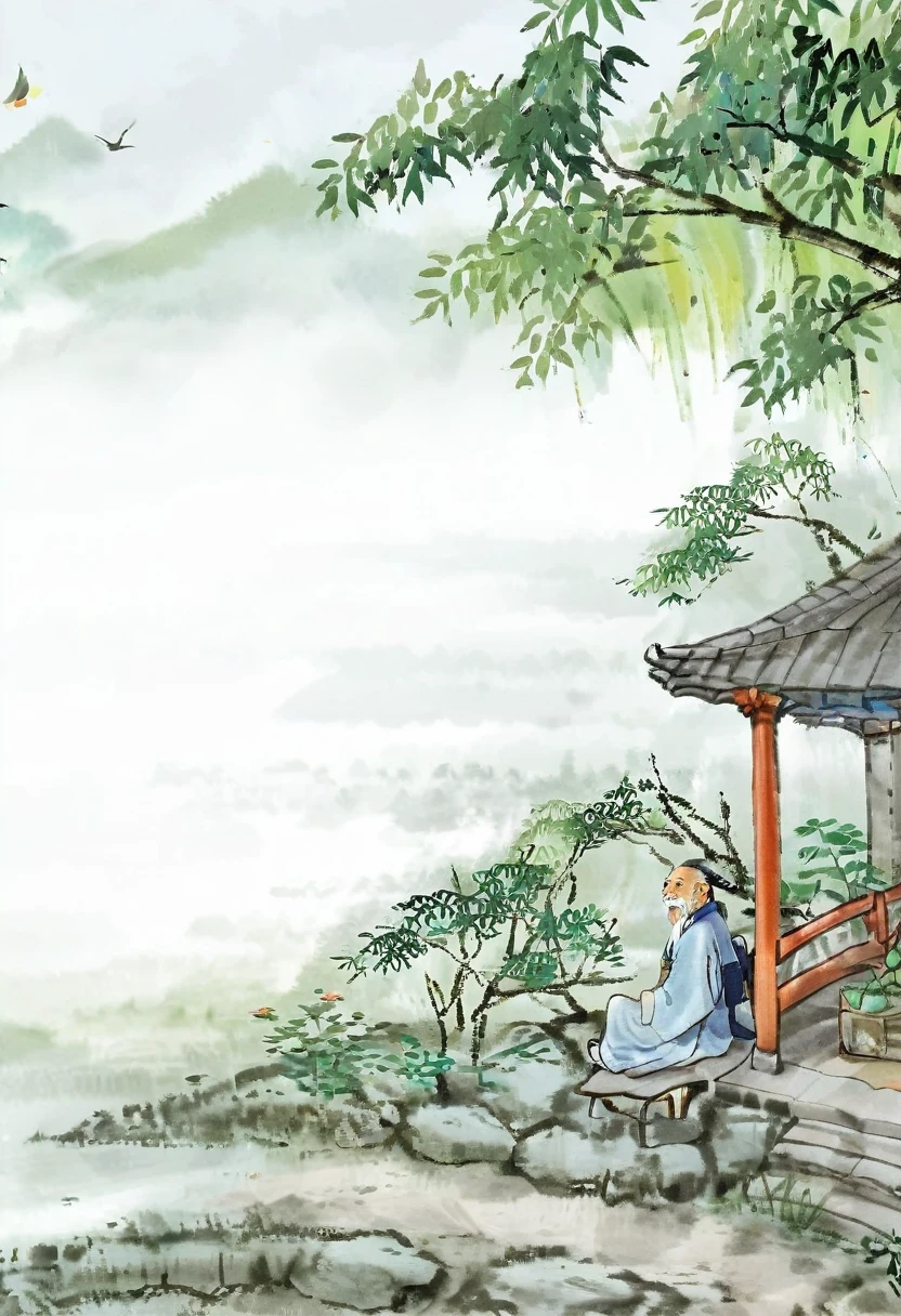 Photography,Pictorial works,Simplicity,Traditional Chinese Art,summer,High temperature,Beside the bamboo forest,A tall stone,There is a deck chair on the stone,An old man in Chinese clothes,sit on the chair,the old man holding a fan in his hand,The view is of a small house and faintly visible trees.