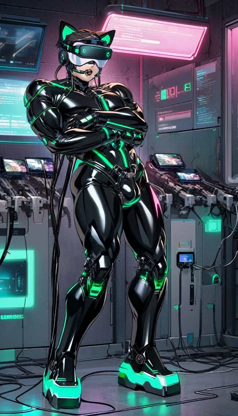 (nsfw5) (((1boy))), (((anime boy))), 20 years old, muscular body, black hair, black latex suit, black latex, skintight no zipper neck entry black latex suit, fullbody black latex suit, shoulder plastic armour, ((wearing virtual reality headset1.5)), visible eyes, ((thick cables plugged on headset)), cat ears, cyborg, latex, cyberpunk, cyberpunk hospital, (thick cables plugged on crotch1.5), red lightning, mind reprogramming, ((corruption bodysuit)), blank stare, crotch bulge, restrained, (heads-up display), wearing black lipstick, (((cables plugged into cat ears3))), (((transformation into robot3))), (((assembly line arms5))), charging port on anus, (((charging cable plugged on anus3))), visible charging, (battery percent level), charging station, robotic spine, cables plugged into spine, aquamarine suit lightning, open ring gag in mouth, (((super thick cable plugged on gag5))), progress bar on virtual reality headset