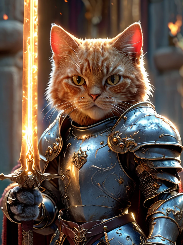 Close-up shot of a cat, cat knight,whole body, Holding a flaming sword, Wearing dark armor, Castle Background, High resolution, masterpiece, Highest quality, Super detailed, Super detailed, Ultra-realistic,
 Hong Kong Style, 3D Fluffy, Cute and adorable close-ups, Cute big round reflective eyes, Long fuzzy fur, Pixar Rendering, unreal engine Cinematic smooth, Exquisite detail, Cinematic