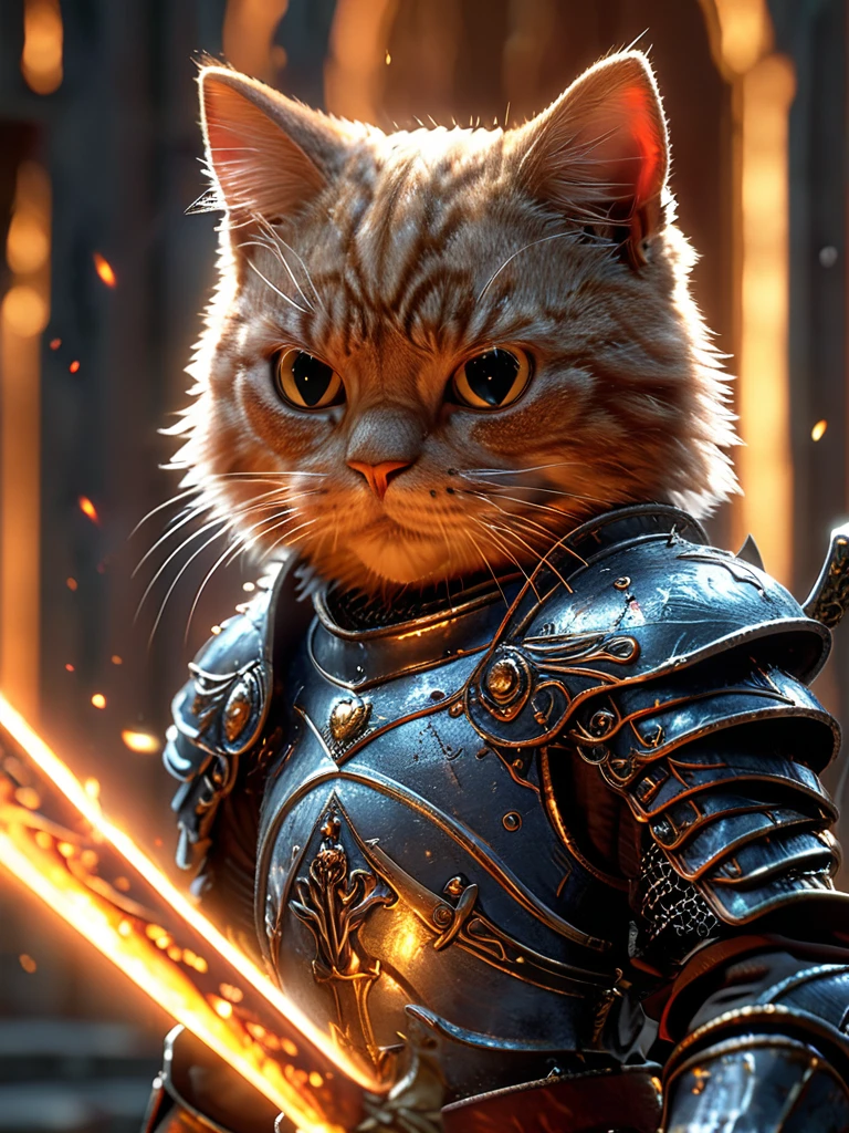 Close-up shot of a cat, cat knight,whole body, Holding a flaming sword, Wearing dark armor, Castle Background, High resolution, masterpiece, Highest quality, Super detailed, Super detailed, Ultra-realistic,
Hong Kong Style, 3D Fluffy, Cute and adorable close-ups, Cute big round reflective eyes, Long fuzzy fur, Pixar Rendering, unreal engine Cinematic smooth, Exquisite detail, Cinematic