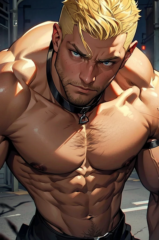 a buff man with blonde shaved upper cut hair wearing a black choker in the zombie apocalypse body shot