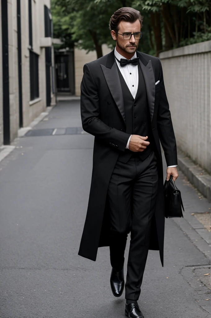 black tie, hair Dishevelled, wearing a long-sleeved black vest, Western shoes and black V-shaped glasses, 