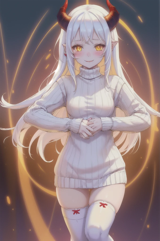 1 demon girl, 10 year old loli, solo, cute smile, long white hair, pale skin, medium breasts, cute panties, dark sweater, white thighhighs, red rough texture horns, yellow eyes, fantasy, dramatic lighting, hell scenery, blushing, best quality, masterpiece, sexy pose