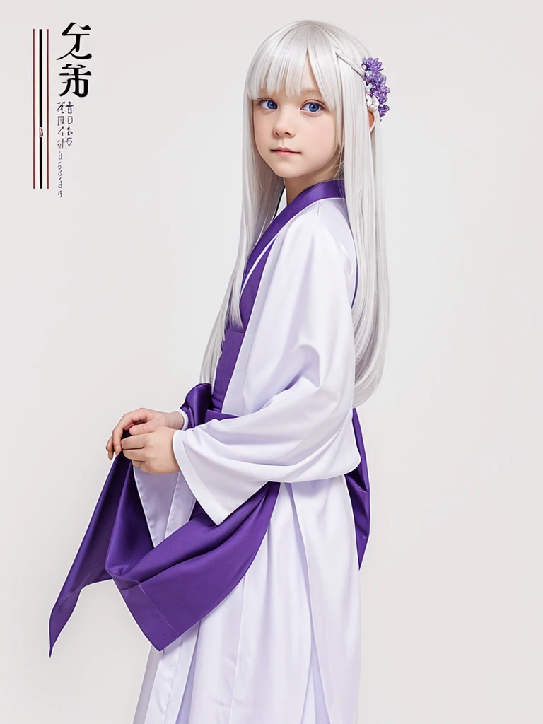 ((masterpiece)), (((best quality))), (character design sheet, same character, front, side, back), Illustration, 1 boy, long hair, white hair color, bangs, hairstyle fax, albino, purple eyes, beautiful eyes, cute face, environment change, flute, hairstyle fax, pose kotai, feminine boy, kimono, demon slayer uniform, snow, charturnbetalora, (simple background, white background: 1.3) 