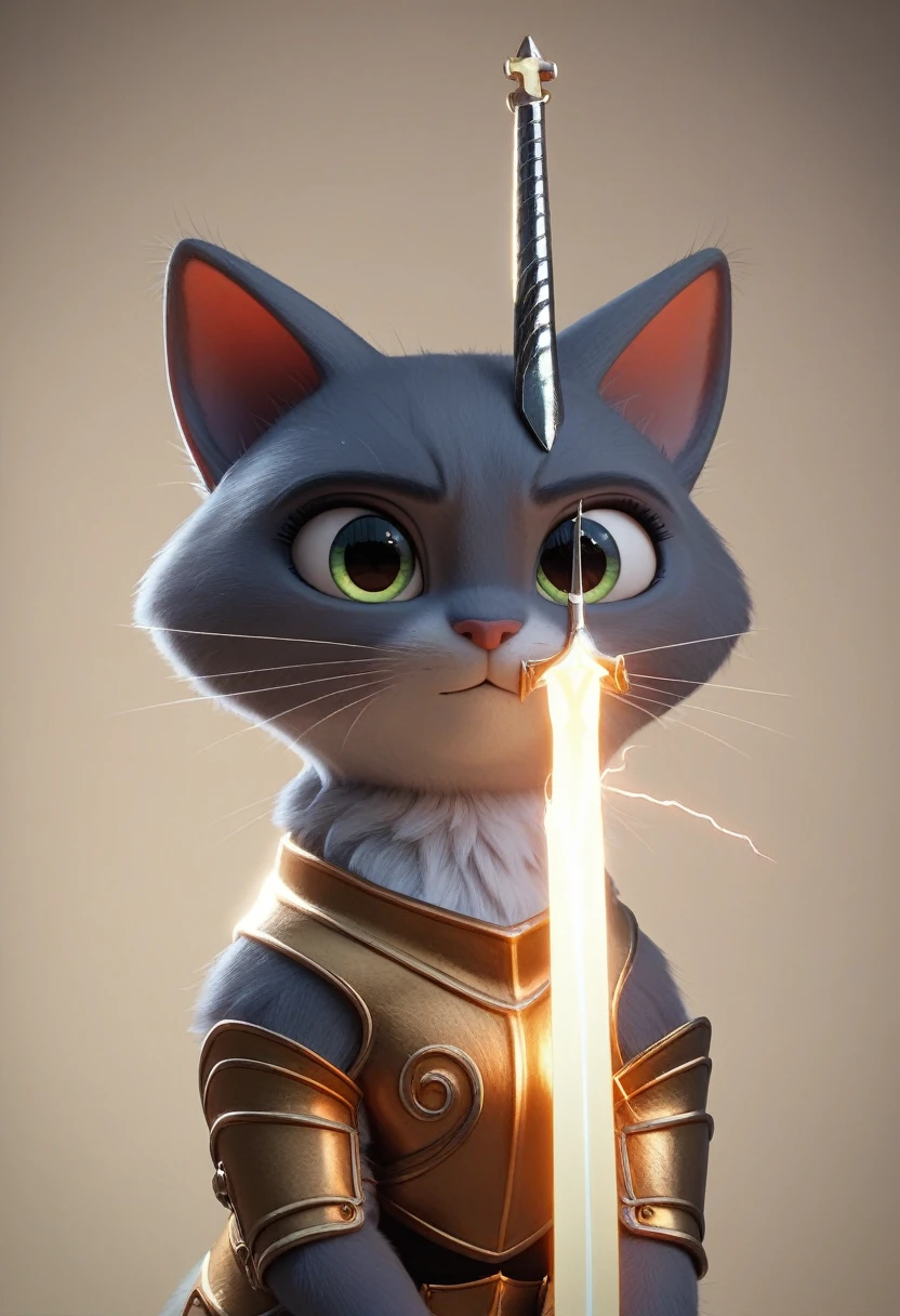 Close-up shot of a cat, whole body, Holds a lightning-charged sword, Wearing dark armor, Castle Background, High resolution, masterpiece, Highest quality, Super detailed, Super detailed, Ultra-realistic,
Hong Kong Style, 3D Fluffy, Cute and adorable close-ups, Cute big round reflective eyes, Long fuzzy fur, Pixar Rendering, unreal engine Cinematic smooth, Exquisite detail, Cinematic