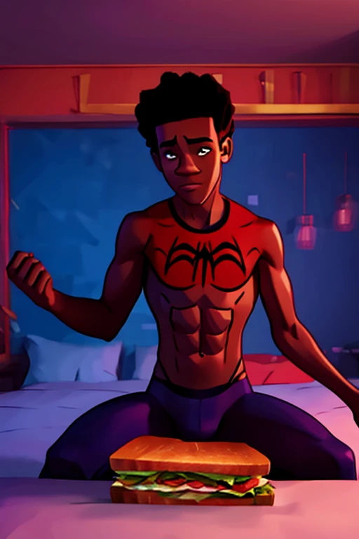 16 year old Miles Morales lies in his bed eating a sandwich and showing his abs,