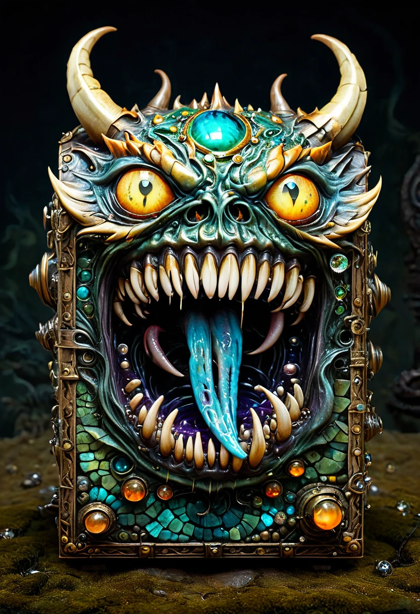 Mimic,Treasure Box Monster,Weird tongue and nasty teeth. Scattered jewelry, by Andy Kehoe, best quality, masterpiece, very aesthetic, perfect composition, intricate details, ultra-detailed