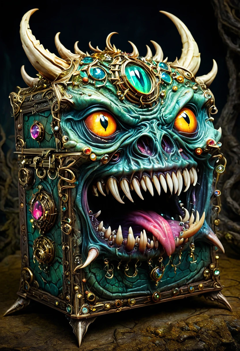 Mimic,Treasure Box Monster,Weird tongue and nasty teeth. Scattered jewelry, by Andy Kehoe, best quality, masterpiece, very aesthetic, perfect composition, intricate details, ultra-detailed