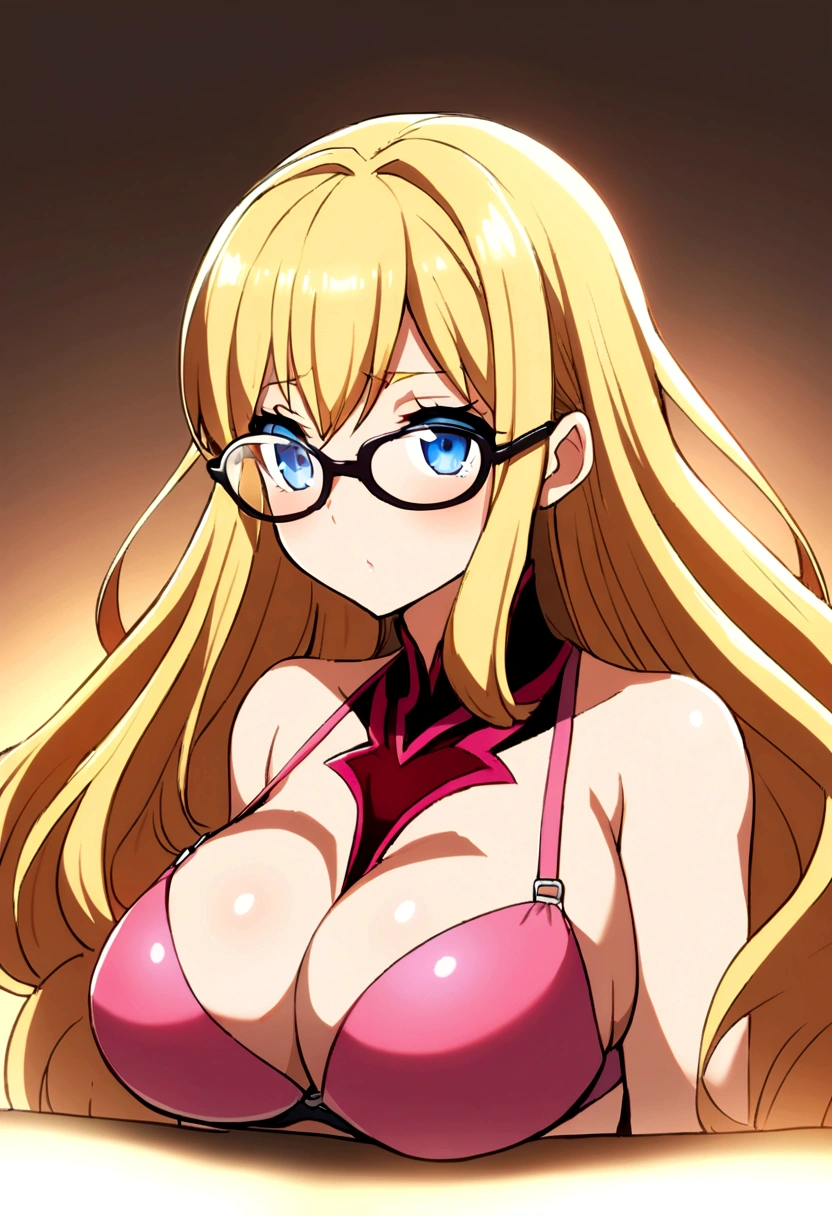 1 girl, upper body , pink bra , long hair, big cheest , anime girl, adult girl, blue eyes, yellow hair, glasses ,