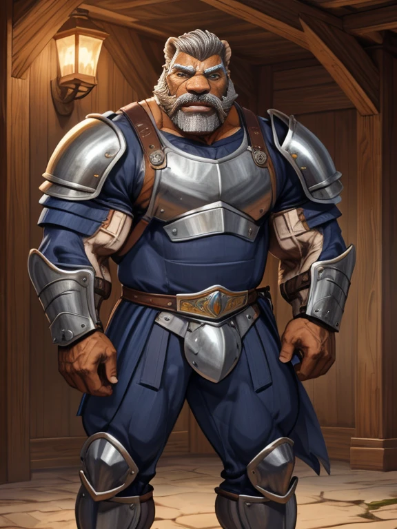 burly virile hairy werelion, in a suit of armor, a himbo muscle daddy, middle-aged dilf, hirsute, overmuscular and musclebound, bulging veiny muscles, a warrior's build, a bodybuilder's physique, long bushy and a thick mustache, a square jaw, handsome and dreamy, grey hair, a knight clad in full armor