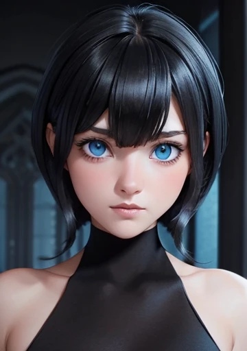 A perfect asymmetrical and detailed face, blue eyes white skin,black hair, beautiful full body portrait 1.2 esbelta Grandes guide 