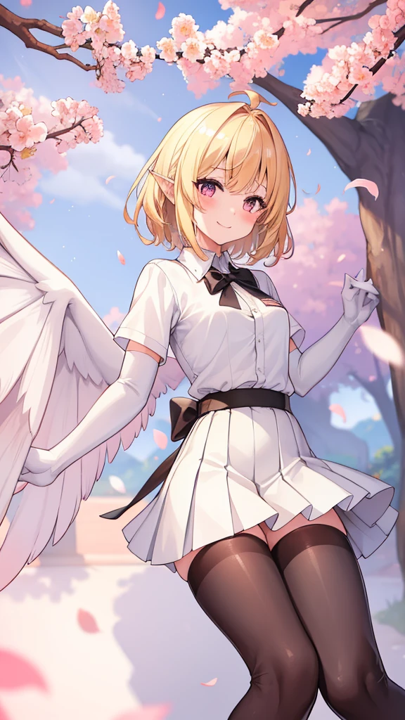 1girl,20s,happy,white shirt,black standard tie,short sleeves,white school skirt,short hair,blonde hair,pointy ears,((harpy,harpy wings)),cherry_blossoms, blurry, blurry_foreground, depth_of_field, blurry_background, petals, smile, solo, spring_\(season\), branch, looking_at_viewer, blush, falling_petals, pink_flower, motion_blur, wind, outdoors, flower