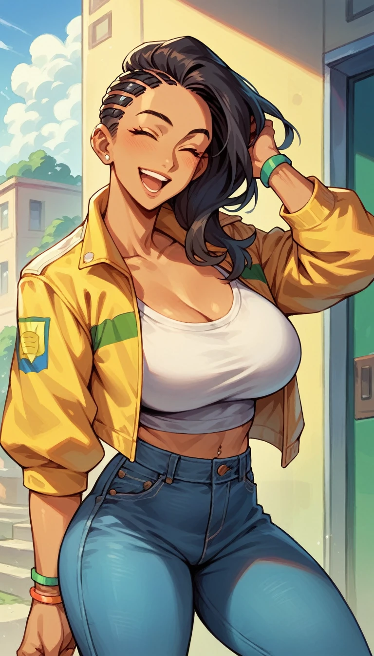 laura matsuda, mature, brown skin, white cropped, brazil jacket, jeans, happy