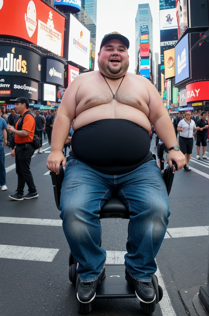 A very fat guy with his belly flaps very fat riding a scooter in times square 